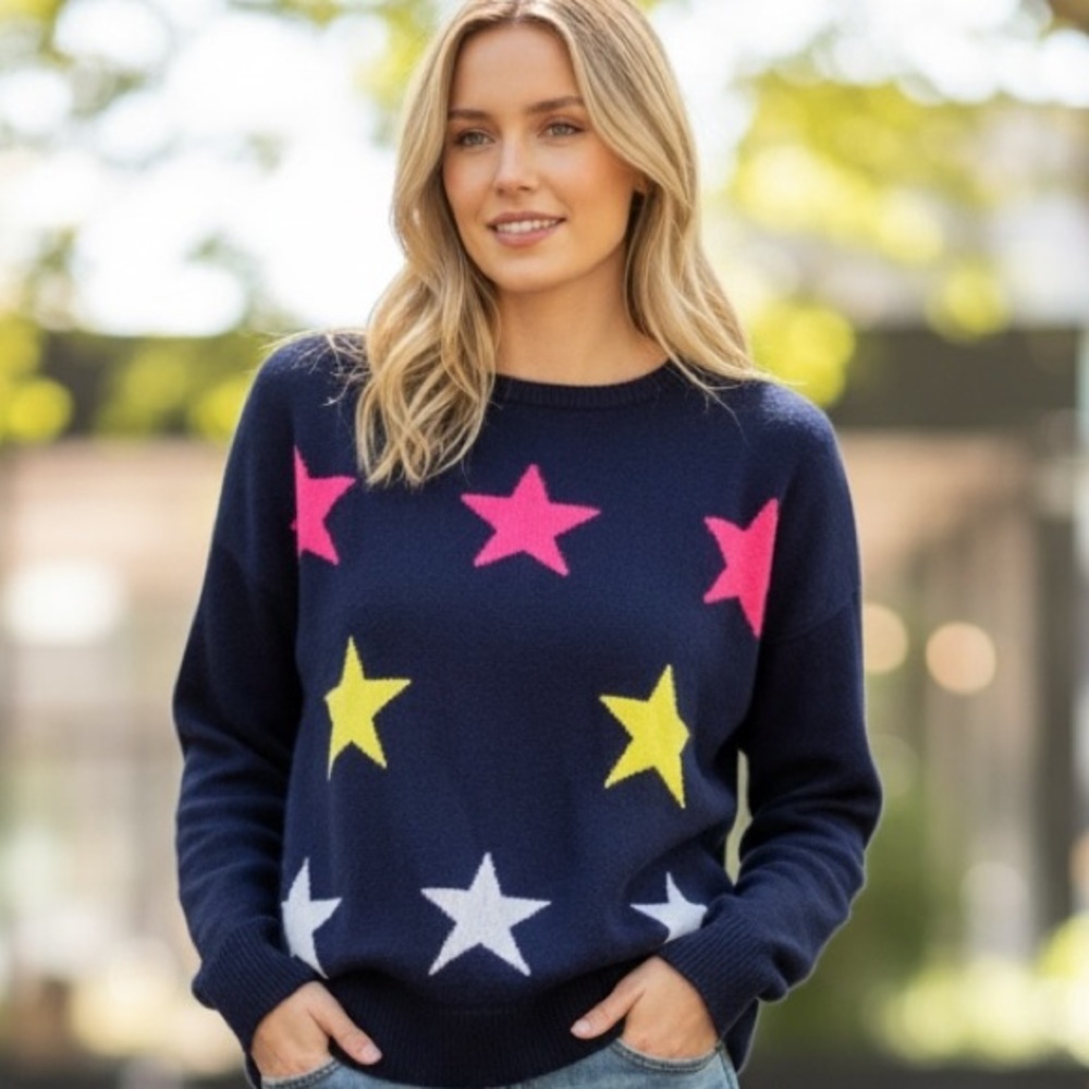 Lisa Todd Navy Sweater with Vibrant Stars